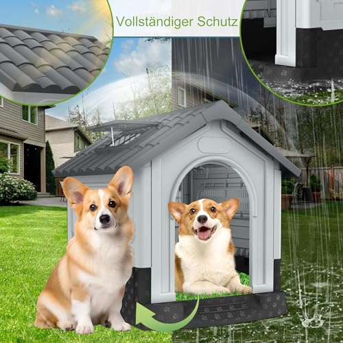 HENGMEI Hundehütte aus Kunststoff XL Haustierhaus Wasserabweisend 79.5×70.5×78cm Isoliert Hundezwinger Plastik mit erhöhtem Boden Schiebedach Katzenhaus Hundekäfig