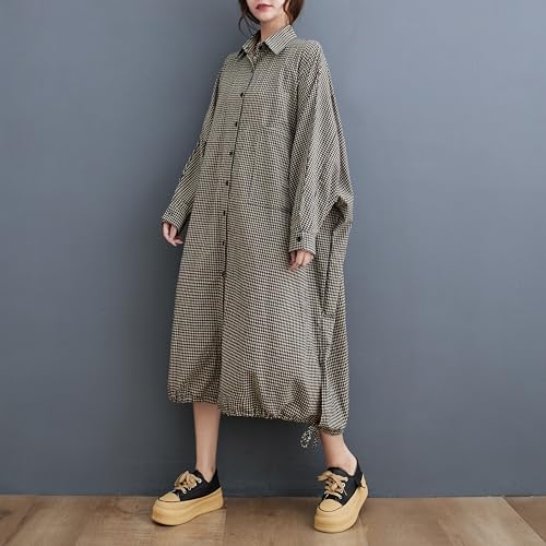 ellazhu Women's Casual Long Sleeve Button Down Loose Plaid Cotton Bat Sleeve Maxi Shirt Dress GA2710 A4