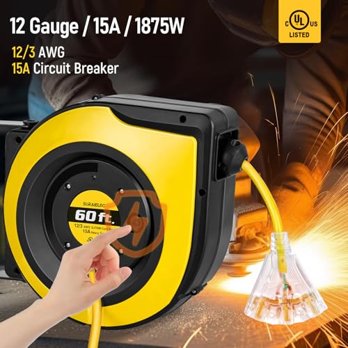 SURAIELEC 12 Gauge Extension Cord Reel, 60 FT Retractable Extension Cord, 12 AWG/3C SJTOW Heavy Duty Power Cord, 15 AMP Circuit Breaker, Lighted Triple Tap, Ceiling or Wall Mount, UL Listed