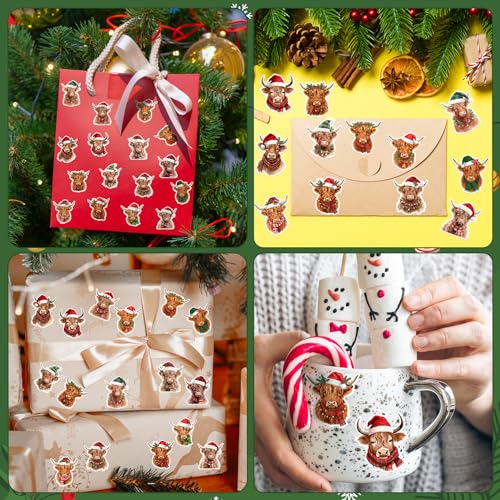 Image of Christmas Highland Cow Sticker - 600 Pcs Christmas Highland Cow Waterproof Vinyl Reusable Laptop Sticker Coloring Book Scrapbook Water Bottle Page Activity Pad Party Favor Skateboard Gift