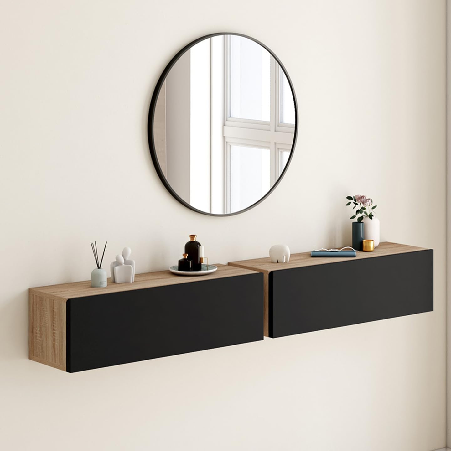 IDMarket - Set aus 2 Hängekonsolen Wandregale ELYOS 1 Tür Holz und Schwarz