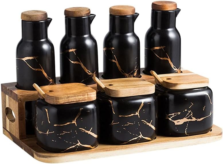 7-Piece Ceramic Spice Jars Set - Dust-Proof Kitchen Seasoning Containers with Lids for Home Use - Perfect for Organizing Herbs and Spices (Black)