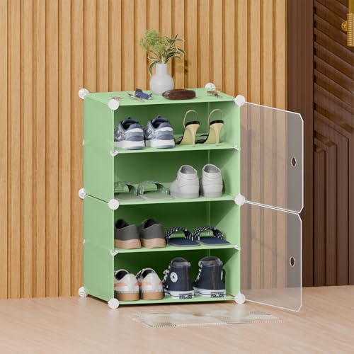 Image of amazon basics DIY Foldable Shoe Rack | 4 Layer Plastic Shoes Rack with Door Cover | Multipurpose Stand for Home & Entryway Green