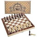 Amerous 12' x 12' Magnetic Wooden Chess Set for Adults and Kids, 2 Bonus Extra Queens, Folding Board with Storage Slots, Handmade Chess Pieces, Portable Travel Chess Board Game Sets, Gift Packed Box