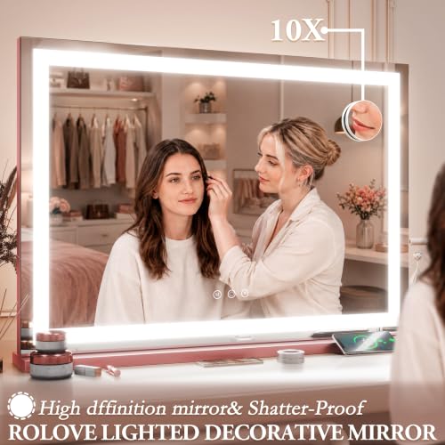 Image of ROLOVE 32 inchx22 inch Large Pink Vanity Mirror with Lights, 10X Magnifier | LED Lighting, 3 Color Modes, Stepless Dimming, Touch Control, Plug-In Power, USB Charging Port, Tabletop or Wall-Mounted Use