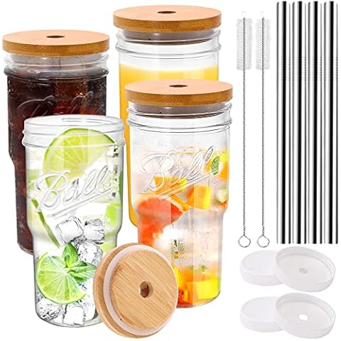 RAIBEATTY 4 Stück Glasbecher, 680 ml Einmachglas, Trinkgläser mit Bambusdeckel, Trinkhalmen und luftdichten Deckeln, wiederverwendbare Boba-Tasse, Bubble-Teetasse, Eiskaffeegläser, breite Öffnung Cover