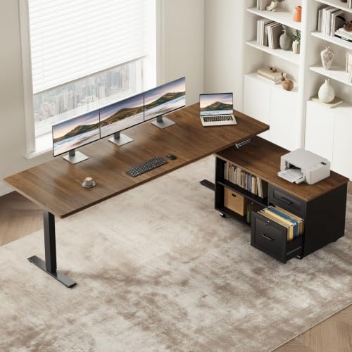 Image of OffiGo 71 inch L Shaped Electric Standing Desk with Cabinet Sets, Walnut /Black