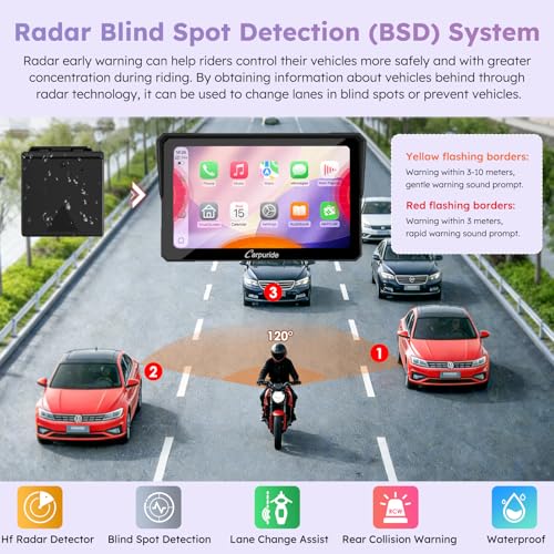 Image of Carpuride W702RS PRO Motorcycle GPS Wireless Carplay /Android Auto /Radar BSD, 7 inch Waterproof Motorbike Touch Screen, with BM05 Mount, Bluetooth Trans, Intercom,Wired Controller, Navigation