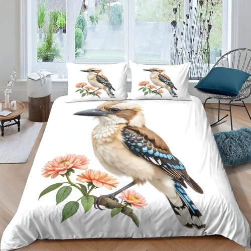 Funda Nordica Cama 105 Kookaburra Ropa de Cama 3D Flores Sur Pájaros Microfibra Suave 3 Piezas Include 1 Fundas Nórdica 200x200 cm y 2 Fundas de Almohada 50x75cm C-2224