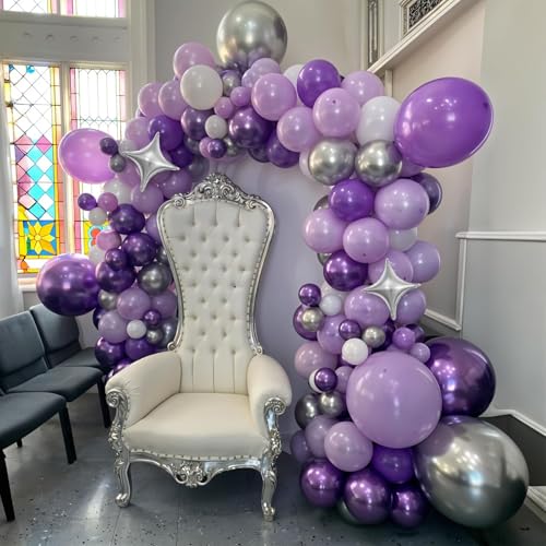Image of Purple Silver Balloon Arch Kit, Lavender Lilac Balloon Garland for Birthday | Metallic Purple Silver Balloons with Four Star Foil Balloons for Girls Women Wedding Birthday Baby Shower Party Decorations