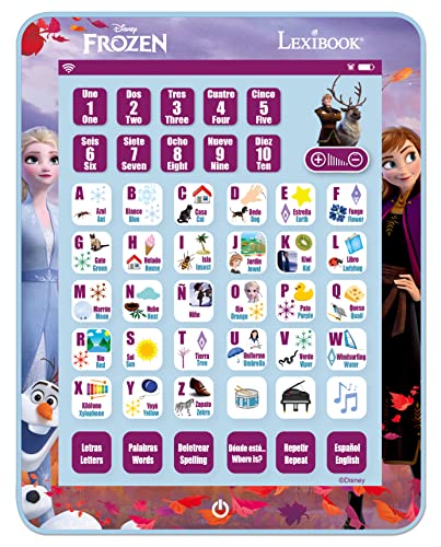 LEXIBOOK, Frozen, Tablet educativo bilingue, aprenda letras números palavras escrita e música, inglês/espanhol, roxo, JCPAD002FZi2