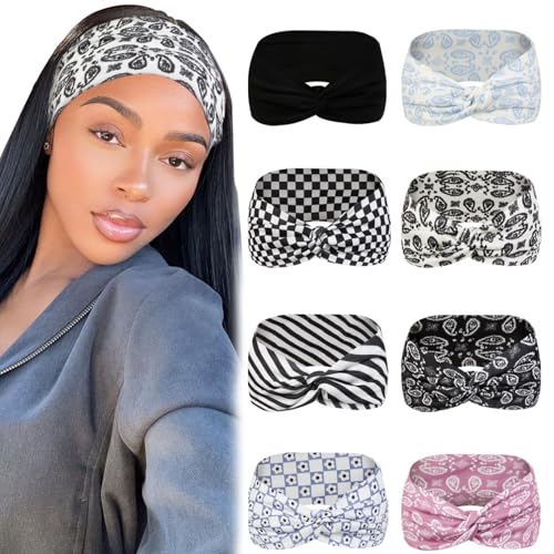 Tobeffect 8 Pcs Turban Headbands for Women, Boho Stretchy Hairbands Fashion Women's Headband Non-slip Big Large African Sport Workout Head Bands for Lady