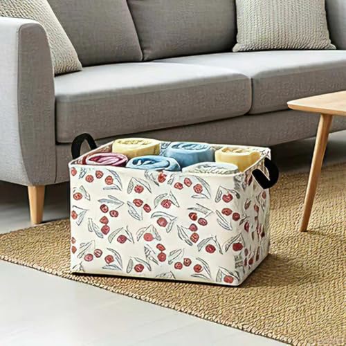 Image of Large Baby Cherry Basket Collapsible Kids Toy Storage Bin Gift Box Nursery Room Decor (Blue Leaf Circle Dot Cherry)