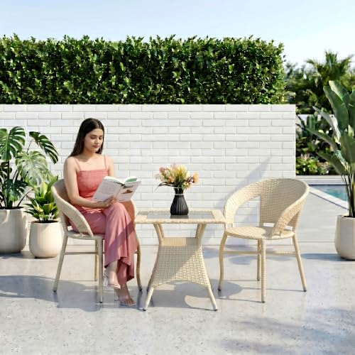 Image of BRISHI 3-Piece Outdoor Rattan Wicker Patio Square Coffee Table Set | Garden Furniture for Balcony, Terrace, Poolside & Porch | Waterproof Bistro Sets for Home & Backyard (Cream)