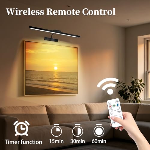 Image of MIOBLUE Picture Light for Wall, 4800mAh Rechargeable Wireless Remote, 15in Dimmable Timer LED Art Display Light with 3 Color Modes for Gallery, Dartboard, Living Room, Bedroom, Hallway-Black