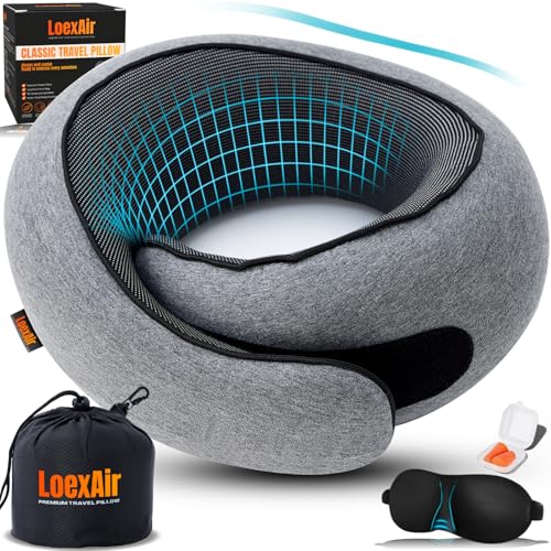 Image of LOEXAIR Travel Pillow, Neck Pillow Travel for Airplane, Car - 100% Cotton Fabric & Memory Foam Plane Pillow, Lightweight & Easy-to-Carry on Flight, Full Travel Set (Eye Mask, Earplugs) - Light Grey