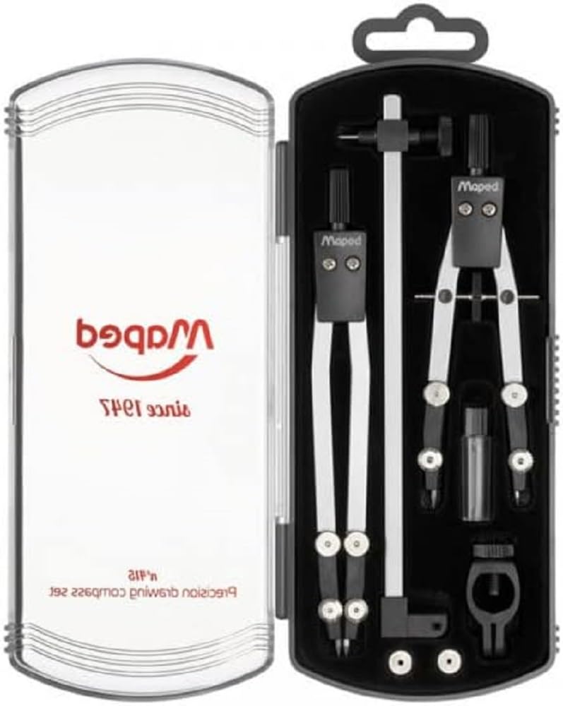 Maped Compas 1947 N°415 - Estuche de 5 piezas, 1 compás clásica de 130 mm, 1 compás de 105 mm, 1 extensión de 140 mm, funda de mina y anillo 178002, color gris