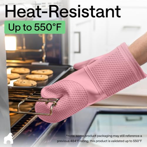 Image of GORILLA GRIP BPA-Free Soft Silicone Oven Mitts, 550F Heat Resistant Waterproof Cooking Safety Gloves, Thick Cotton Lining, Flexible Gripping for BBQ Grilling, Kitchen Potholders Set, 12.5x8.3, Pink