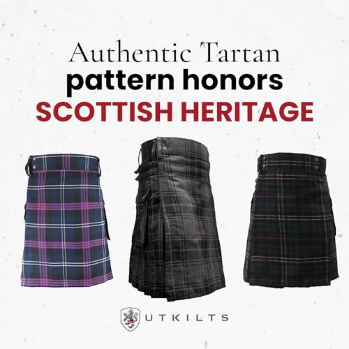 UT Kilts Men's Standard Tartan Utility Kilt, Modern Scottish Kilt for Everyday Wear, Tactical Kilts with Adjustable Hip Straps & Cargo Pockets for Men, Highlander Gray, 38" Waist