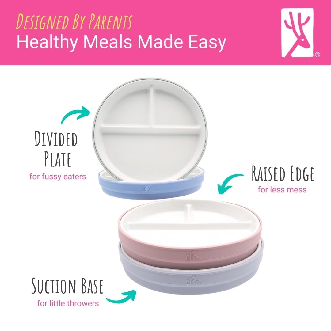 Elk and Friends Kids 7.8 Porcelain White Divided Plates with Silicone Suction Sleeves | Suitable for Babies/Toddlers | Microwave & Dishwasher Safe | Stay Put Dinnerware | Snack Dishes | 4 Pack - Image 4