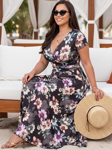 Image of KOH KOH Womens Long Cap Sleeve Floral Print V-Neck Summer Flowy Maxi Dress