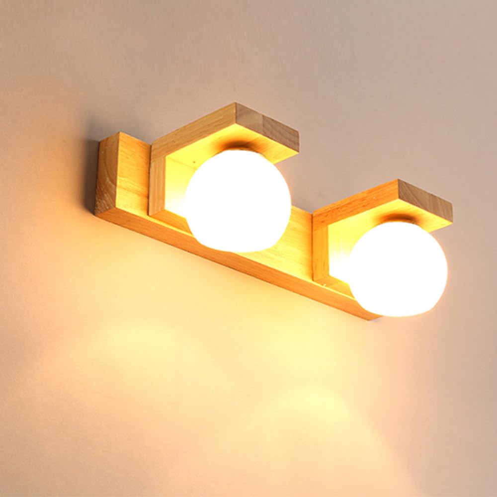 Mengjay Holz Wandleuchte Innen,Vintage Spiegelleuchte Bad Spiegellampe Badezimmer G9 Wandlampe mit Kugel Glas Lampenschirm für Schlafzimmer Flur Wohnzimmer Küche (2 Flammig)
