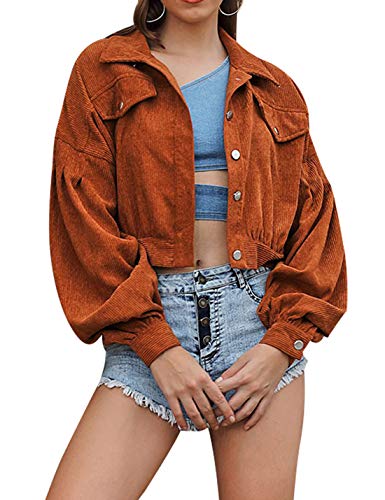 Uaneo Womens Corduroy Casual Cropped Button Down Long Balloon Sleeve Jacket Coatï¼ˆBrown-Mï¼‰
