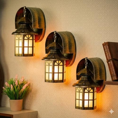 Image of GreyWings Copper Antique Wall Light for Home Iron & Glass Vintage Lantern Wall Lamp with Decorative Wall Light (Bulb is not Included) Pack of 3