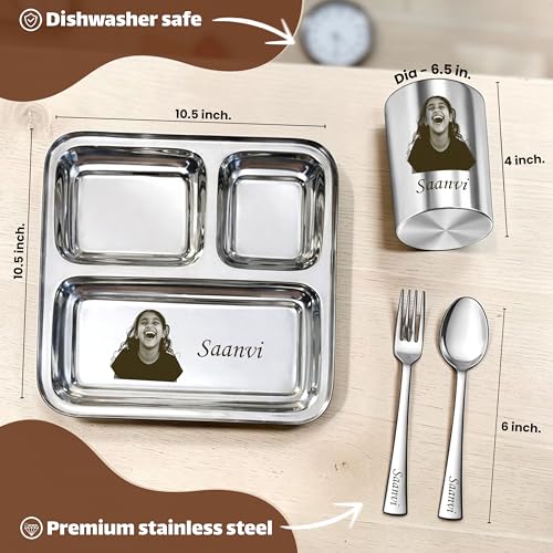 Image of SAVRI Personalized Kids Stainless Steel Dinner Set - Custom Laser Photo & Name Printed 3-Compartment Plate, Spoon, Fork & Glass | 4-Piece Baby Toddler Feeding Set | Birthday & Return Gift