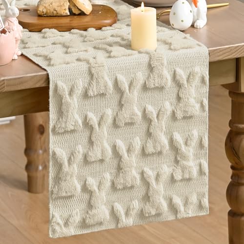 Artoid Mode Beige Soft Plush Faux Fur Jacquard Bunny Rabbit Easter Table Runner, Seasonal Spring Kitchen Dining Table Decoration for Home Party Decor 13x72 Inch