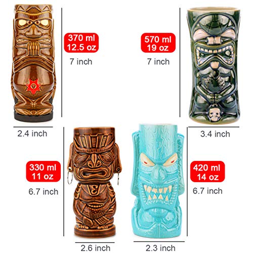 Tiki Mugs Set of 4 — Large Ceramic Hawaiian Luau Party Mugs Drinkware Tiki Bar Mugs for Cocktails-TJB06 (4) - Thumbnail 4