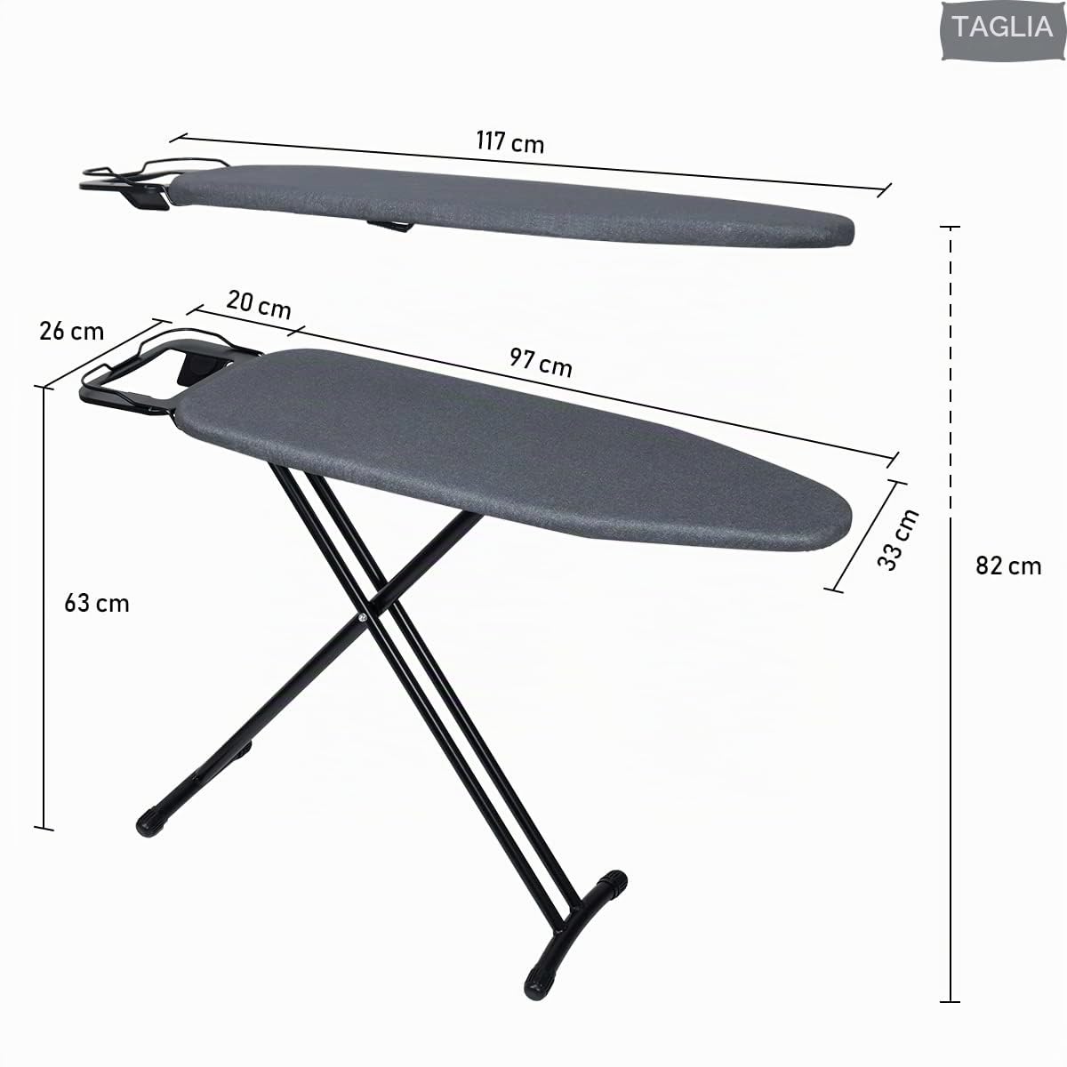 Duwee Asse da Stiro Compatta con Copertura Resistente al Calo, Asse da Stiro Pieghevole con Appoggio per Ferro, Altezza Regolabile, Gambe Robuste, Nero, 33 x 96 cm