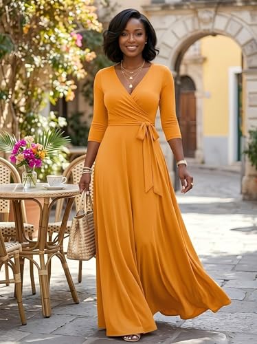 Image of PinkPatty Women's Plus Size Maxi Dresses Casual Flowy 3 /4 Sleeves Dress Printed Vacation Dress for Daily Wear with Belt
