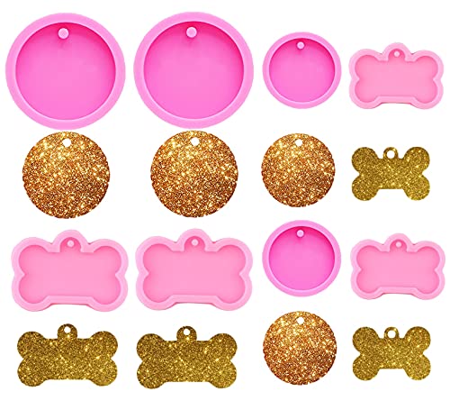 ESEENS 8 Pack Shiny Bone Shape Tag Resin Mold Dog Bone Shape Handmade Keychain Silicone Mold For Resin Epoxy Mold Round Tag Pendant Keychain Mold Tag Mold