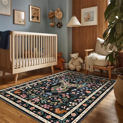 Image of Area Rug Vintage Floral Deer Pattern 5x7 - Bohemian Forest Animal Carpet with Squirrel & Butterfly, Soft Decorative Area Rug for Living Room Bedroom Home Decor