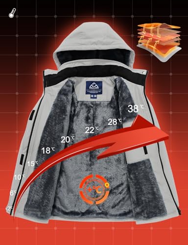 donhobo Damen Outdoor Winterjacke Winddichte Wasserdicht Softshell Jacke Warm Fleece Skijacke Funktionsjacke mit Abnehmbarer Kapuze, Hellgrau, XXL
