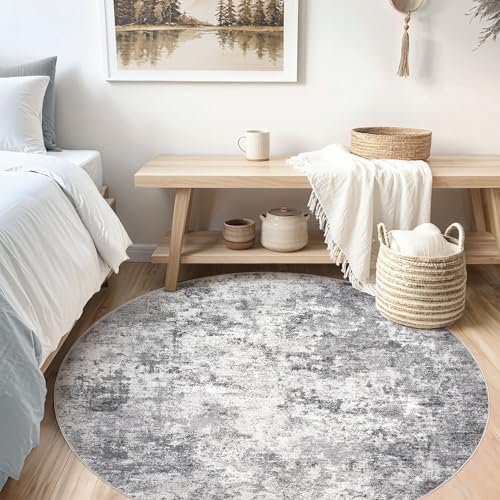 5ft Round Area Rug Living Room Rugs - 5x5 Washable Neutral Modern Abstract Soft Thin Rug Indoor Floor No Slip Rug Carpet for Bedroom Under Dining Table Home Office Decor - Grey