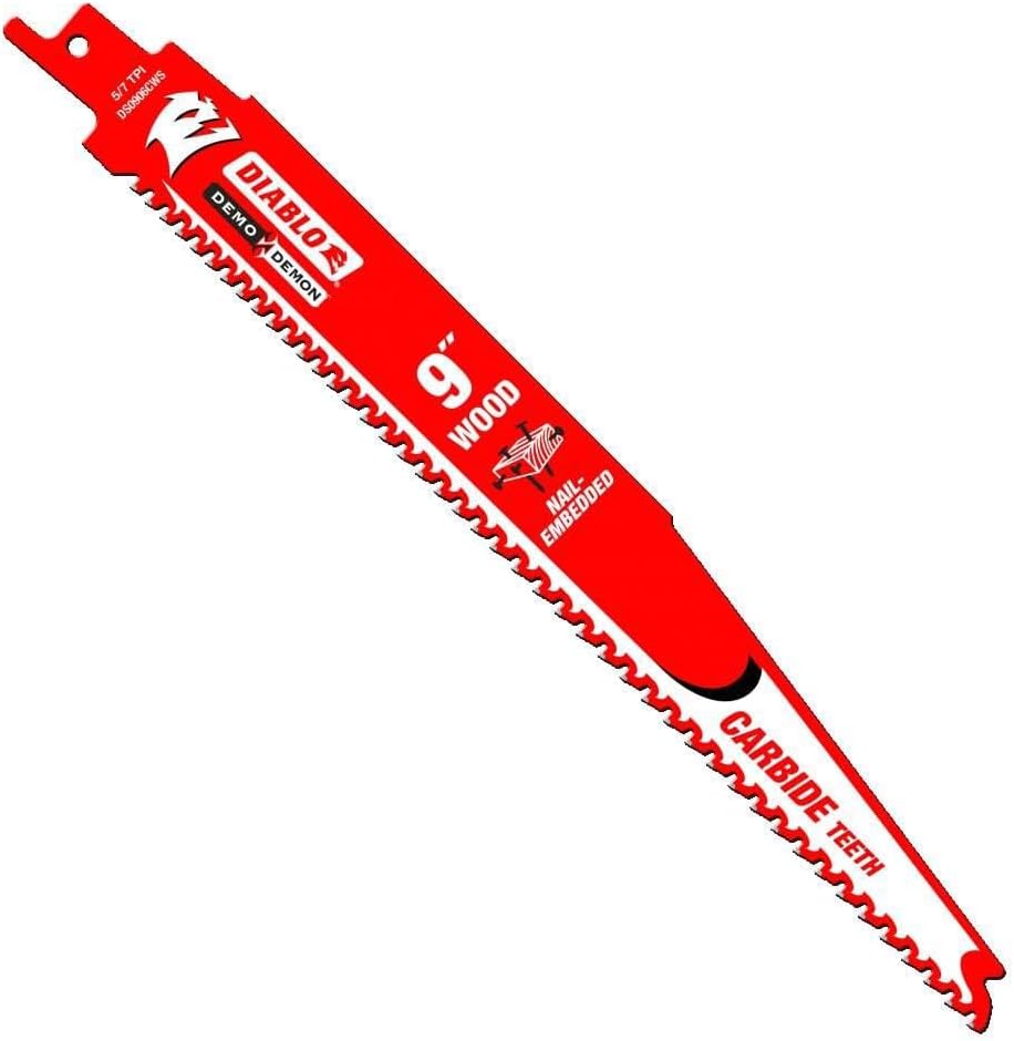 Diablo Demo Demon Reciprocating Saw Blades with Carbide Teeth for Nail-Embedded Wood - Variable Tooth Design, 5/7 TPI, 9" Length, 10-Pack - DS0906CWS10