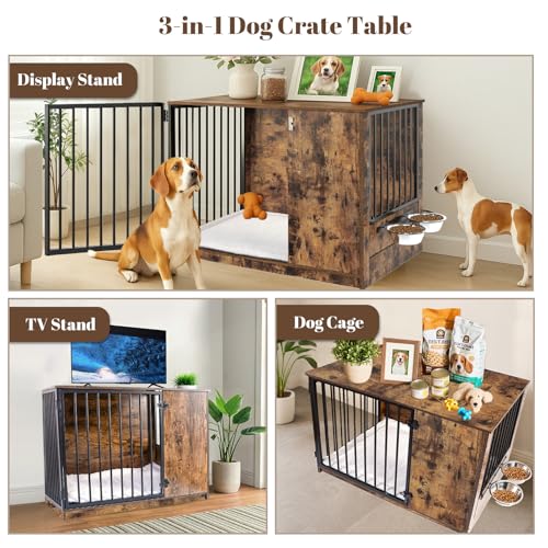 Dog Crate Furniture with Cushion for Large Dogs, 36" Indoor Wooden Dog Kennel with 270° Swivel Door, 360° Rotating Feeder, Decorative Heavy Duty Dog House with Double Locks & Bowls, Rustic Brown - Image 6