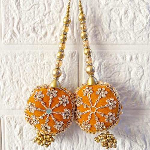 Image of Adikala Craft Store Handmade Ethnic Silk Latkan Tassel Set of 2 for Saree Pallu, Blouse, Suits, Dupatta, Lehenga Decor | Wedding Festival Occasion (Round Mustard Yellow)