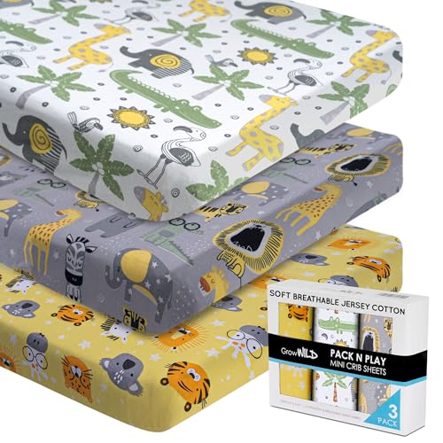 Image of GROW WILD Pack n Play Sheets 3-Pack | Baby Mini Crib Sheets for Boys or Girls | Soft Pack and Play Mattress and Crib Bedding Set | Breathable Jersey Cotton Fitted Crib Sheets - Safari Nusery Decor