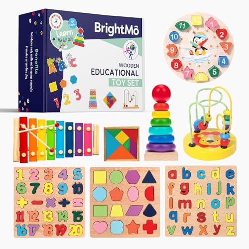 Image of BrightMō 8-in-1 Montessori Wooden Activity Toy for 3 Year Old Boys & Girls – Alphabet, Numbers, Shape Sorting & Xylophone – Preschool Educational Learning Set
