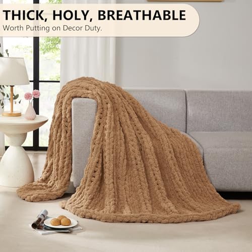 L'AGRATY Chunky Knit Blanket Throw: 60''x80'' Chenille Chunky Knitted Throw Blanket for Bed Couch - Handmade Thick Big Cable Knit Blanket - Large Crochet Rope Blanket for Home Decor(Tan)