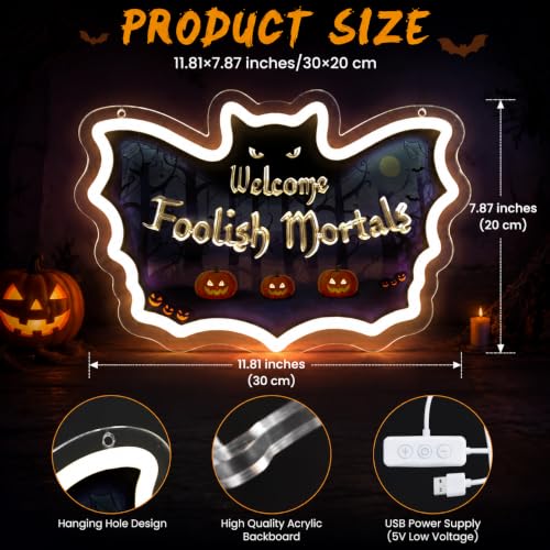 Image of Welcome Foolish Mortals Neon Sign Halloween Bat LED for Wall Decor Spooky Gothic Haunted Mansion Decor for Halloween Party Man Cave Home Bar Haunted House Gifts