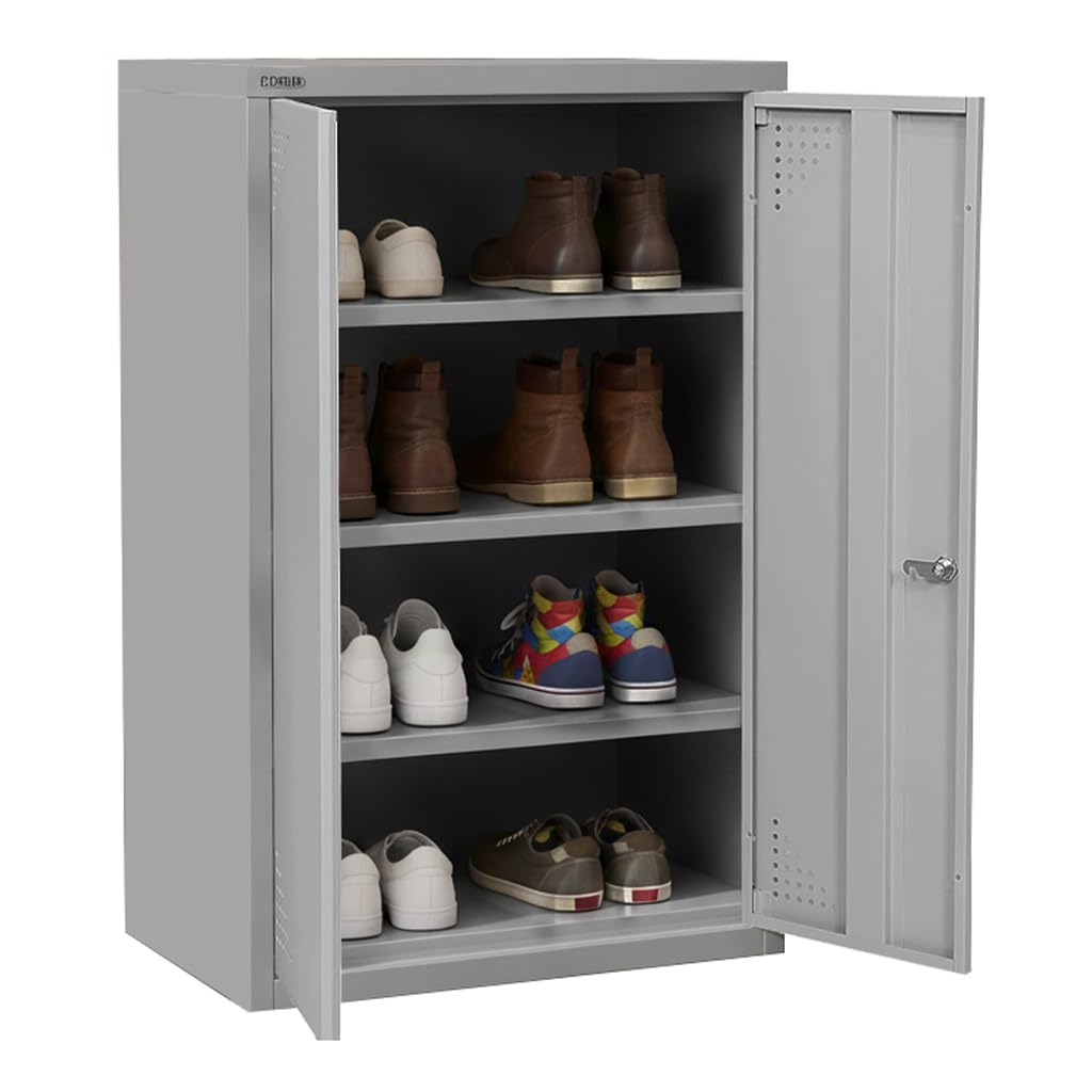RIGID Steel Shoe Rack with Doors | 3 Shelves Storage Cabinet with Ventilation Holes | Pre- Assembled, Round Cam Lock with 2 Keys | Shoe Storage Unit - Home, Office, Living Room (90H * 60W * 40D) Grey