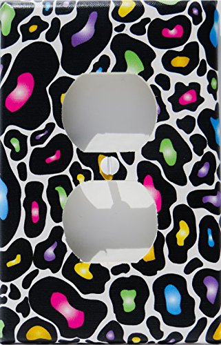 Multicolored Leopard Print Outlet Switch Plate Cover in Blue, Pink, Yellow, Orange, and Green Leopard Print