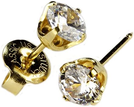 Ear Piercing Studex Earrings Gold Round 6mm Clear CZ System 75 Universal