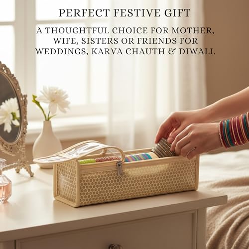 Image of Single R Rod Bangle Box Organizer for Women | Hard Board Chudi Storage Box with Removable Rods & Transparent Top Window | Jewellery Organizer | Beige | Set of 14