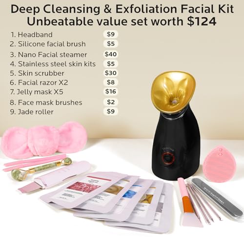 Image of Colorfarm Facial Steamer Nano Ionic: Face Steamer Home Spa Kit Deep Cleaning Unclogs Pores Sinuses Inhaler with 8 Skin Care Tools - Relaxing Self Care Skincare Beauty Gifts for Women (Black Gold)