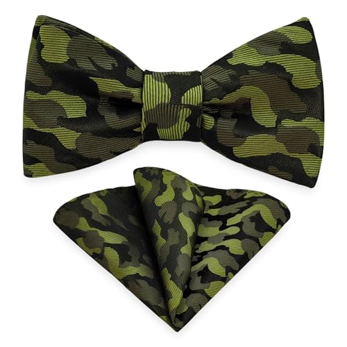 Mens Bow Tie Pocket Square Set, Men Bowtie with Handkerchief For Formal Tuxedo & Wedding Party & Homecoming M-S-S3B (Green Camouflage)